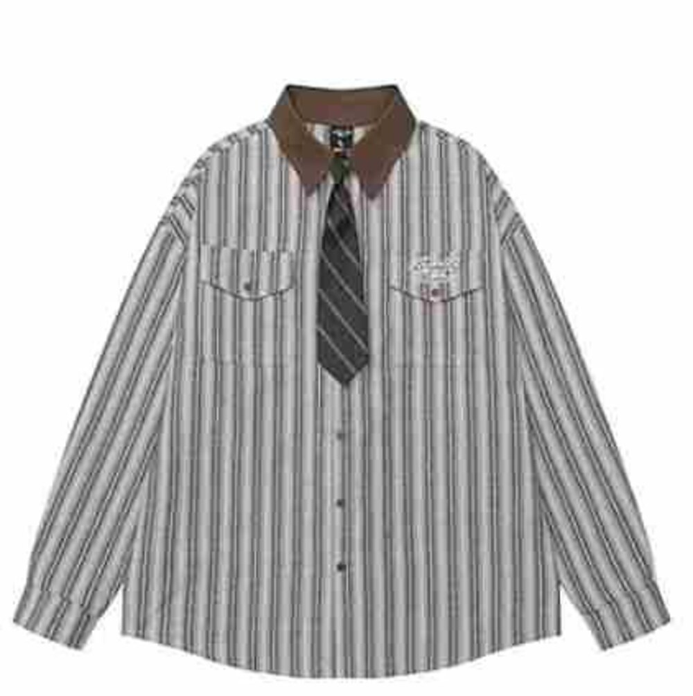 Brown Collar Stripe Shirt with Tie